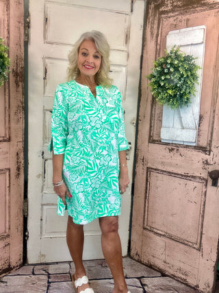 Lulu-B travel dress with SPF 50 sun protection, lightweight nylon spandex fabric, v-neckline, quarter sleeves, side slits, breathable and comfortable for travel, vacations, and everyday wear.