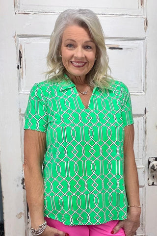 Lulu B short sleeve V-neck top with collar, UPF 50+ sun protection, wrinkle-free butter-soft fabric, lightweight and breathable travel top for casual wear, vacations, and everyday style.
