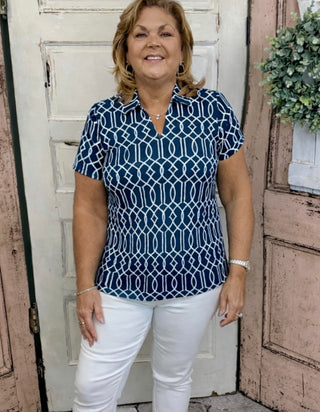 Lulu B short sleeve V-neck top with collar, UPF 50+ sun protection, wrinkle-free butter-soft fabric, lightweight and breathable travel top for casual wear, vacations, and everyday style.