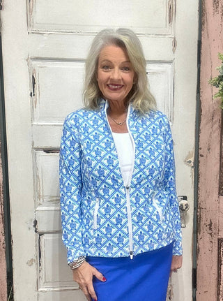 Lulu-B full zip jacket with UPF50+ sun protection, cooling nylon spandex fabric, long sleeves, two-way zipper, mock neck collar, front pockets, contrast stitching, high-low hem, 25-inch back length.