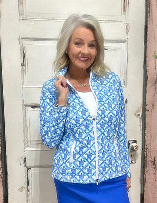 Lulu-B full zip jacket with UPF50+ sun protection, cooling nylon spandex fabric, long sleeves, two-way zipper, mock neck collar, front pockets, contrast stitching, high-low hem, 25-inch back length.