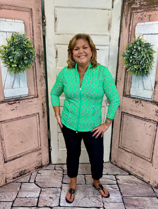 Lulu-B full zip jacket with UPF50+ sun protection, cooling nylon spandex fabric, long sleeves, two-way zipper, mock neck collar, front pockets, contrast stitching, high-low hem, 25-inch back length.