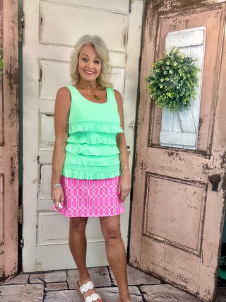 UPF50+ zip skort with pull-on waistband, lightweight A-line fit, sewn-in shorts for coverage, zip side slit, back zip pocket, front pocket, 17-inch skirt length, machine washable performance fabric.