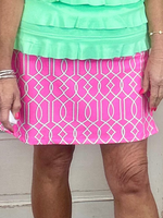 UPF50+ zip skort with pull-on waistband, lightweight A-line fit, sewn-in shorts for coverage, zip side slit, back zip pocket, front pocket, 17-inch skirt length, machine washable performance fabric.
