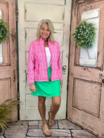 UPF50+ zip skort with pull-on waistband, lightweight A-line fit, sewn-in shorts for coverage, zip side slit, back zip pocket, front pocket, 17-inch skirt length, machine washable performance fabric.

Lulu-B full zip jacket with UPF50+ sun protection, cooling nylon spandex fabric, long sleeves, two-way zipper, mock neck collar, front pockets, contrast stitching, high-low hem, 25-inch back length.
