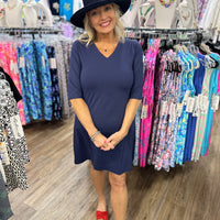 Step out in effortless style with the Lulu-B V-Neck Elbow Sleeve Dress! Crafted from a lightweight, stretchy blend of 92% Nylon and 8% Spandex, this chic dress offers all-day comfort and a flattering fit. Designed with a classic V-neckline, elbow-length sleeves, and a straight hemline, it’s perfect for any occasion. The pullover style ensures easy wear, while the pre-shrunk fabric maintains its shape wash after wash. Plus, with UPF50+ sun protection, you’ll stay stylish and shielded from harmful rays. Cente