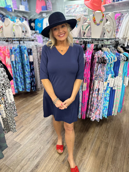 Step out in effortless style with the Lulu-B V-Neck Elbow Sleeve Dress! Crafted from a lightweight, stretchy blend of 92% Nylon and 8% Spandex, this chic dress offers all-day comfort and a flattering fit. Designed with a classic V-neckline, elbow-length sleeves, and a straight hemline, it’s perfect for any occasion. The pullover style ensures easy wear, while the pre-shrunk fabric maintains its shape wash after wash. Plus, with UPF50+ sun protection, you’ll stay stylish and shielded from harmful rays. Cente