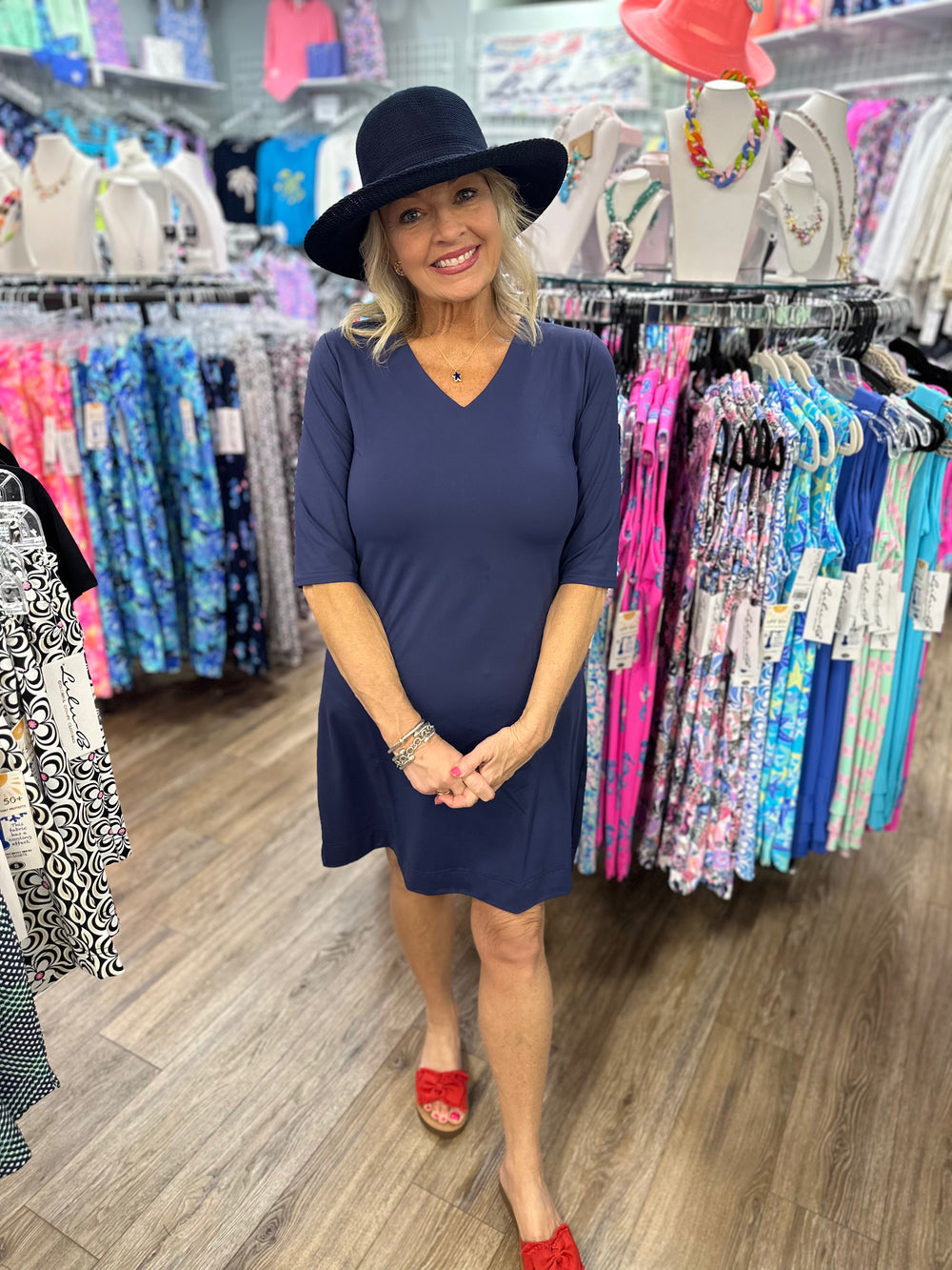 Step out in effortless style with the Lulu-B V-Neck Elbow Sleeve Dress! Crafted from a lightweight, stretchy blend of 92% Nylon and 8% Spandex, this chic dress offers all-day comfort and a flattering fit. Designed with a classic V-neckline, elbow-length sleeves, and a straight hemline, it’s perfect for any occasion. The pullover style ensures easy wear, while the pre-shrunk fabric maintains its shape wash after wash. Plus, with UPF50+ sun protection, you’ll stay stylish and shielded from harmful rays. Cente