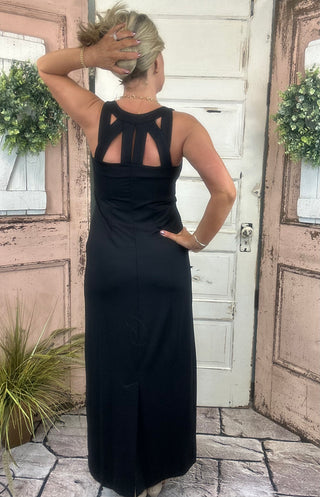 Women’s maxi dress with cutout back featuring a straight silhouette and UPF50 sun protection fabric, perfect for summer vacations, beach outings, and warm-weather events.