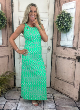 Sexy maxi dress with straight fit, cutout back detail, and UPF50 sun protection fabric for stylish summer wear.