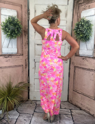 Sexy maxi dress with straight fit, cutout back detail, and UPF50 sun protection fabric for stylish summer wear.