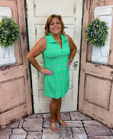 Sleeveless quarter zip swing dress crafted in cooling UPF50 fabric, offering breezy comfort and stylish sun protection for warm-weather wear.
