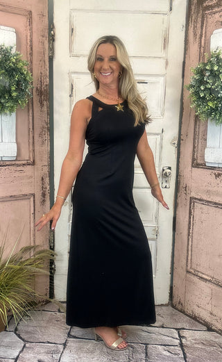 Women’s maxi dress with cutout back featuring a straight silhouette and UPF50 sun protection fabric, perfect for summer vacations, beach outings, and warm-weather events.
