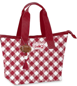 Lunchi Lunch Bag - Gameday Gingham Crimson
Fit &amp; Capacity | Wide bottom accommodates most food containers; folds flat for storage
Insulation | Top zipper closure keeps food cool for longer
Exterior | Waterproof, wipeable, puncture-resistant PVC-coated polyester shell
Lining | BPA-free, food-safe, and condensation-free for worry-free use
Carry | Top handles for easy grab-and-go lifting
Details | Easy-access back pocket for napkins, flatware, and notes
Measures | 9" W x 5.5" D x 9" H (top opening 14" W)