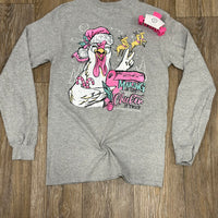 Gray long-sleeve shirt with Chicken Christmas Design. 
Southern Couture long sleeve tee 
Makin A List and Chicken On Long Sleeve Tee