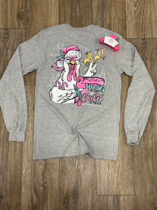 Gray long-sleeve shirt with Chicken Christmas Design. 
Southern Couture long sleeve tee 
Makin A List and Chicken On Long Sleeve Tee
