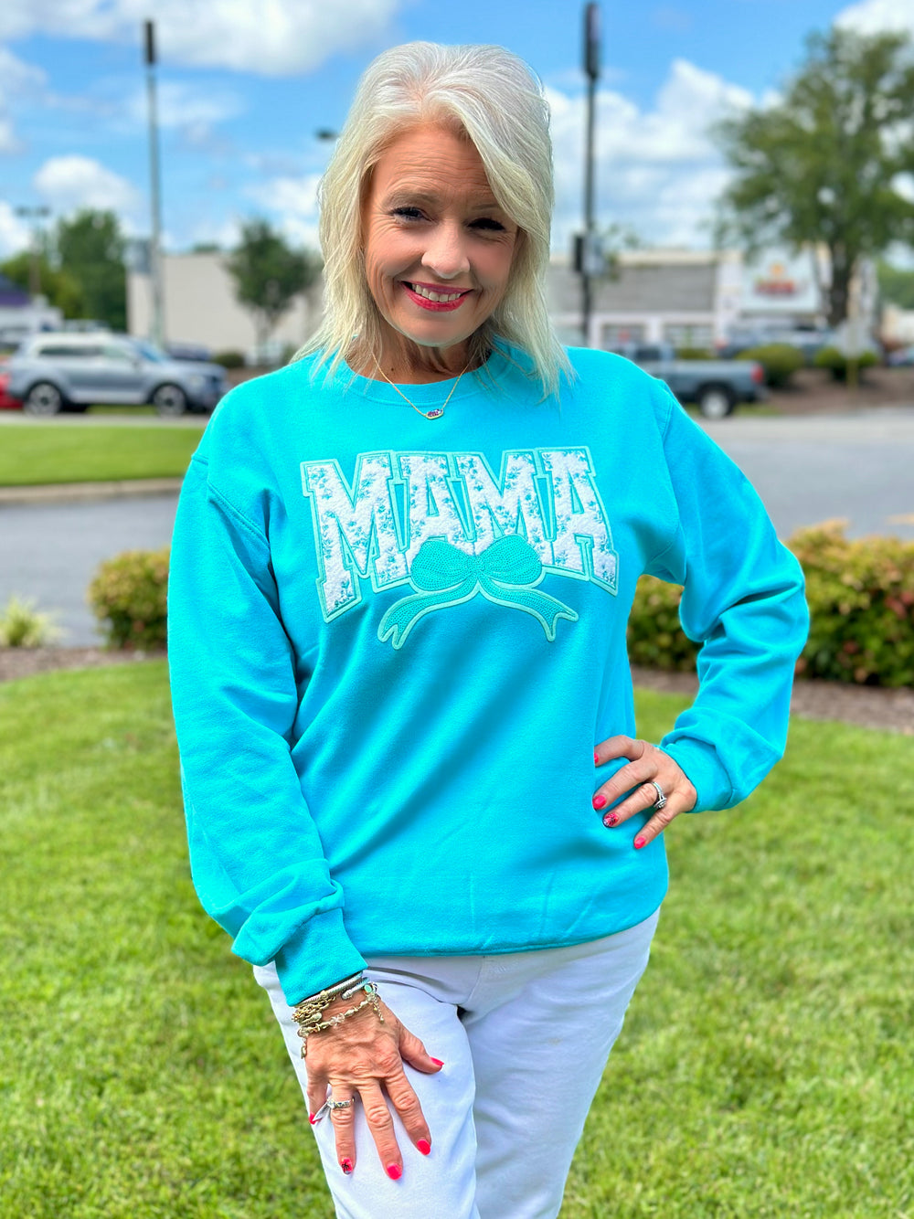 💙✨ The Cutest MAMA Sweatshirt You’ll Ever Own! ✨💙
Wrap yourself in cozy style with our Scuba Blue MAMA Crew Sweatshirt! The bold floral patch letters pop against the vibrant blue, while a sparkling sequin bow adds that perfect touch of glam. Whether you’re running errands, relaxing at home, or grabbing coffee with friends, this sweatshirt is a must-have for every proud mama.