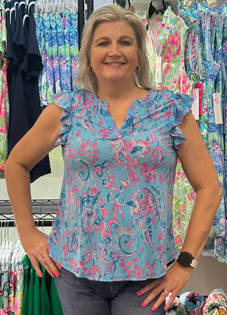 Mandarin Collar Tank - Aqua Paisley