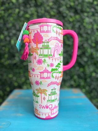 Mega Mug 40oz - Pagoda Paradise
swig tumbler with handle 
bright summer print with houses flowers and trees