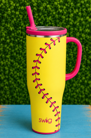 Capacity | Holds up to 40oz
Insulation | Double-walled, vacuum-sealed, and copper-plated for superior temperature retention
Temperature Performance | Cold 24+ hours · Hot 9+ hours
Handle | Comfort-grip handle for easy carrying
Cup Holder Compatible | Fits most standard cup holders
Base | Built-in silicone coaster base prevents slips, drips, and scratches
Lid | Includes X-Large Straw Lid with flexible silicone gasket
design: softball print yellow with hot pink detail