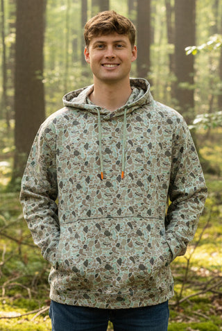Simply southern mens hoodie 
light colored camo print 
drawstring neckline 
front pockets