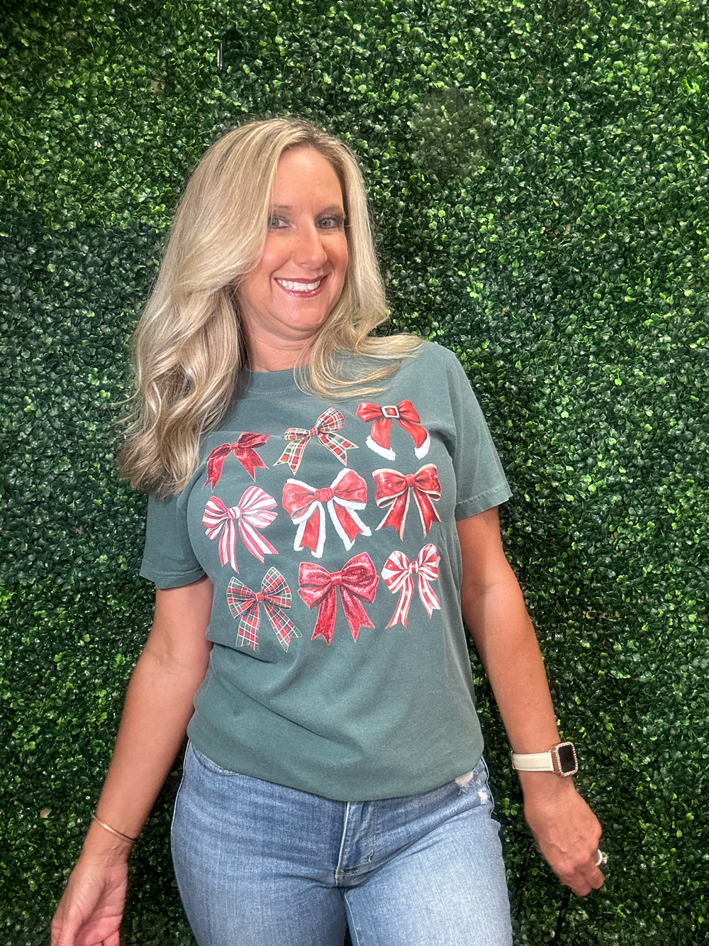 Merry & Bowed Tee
women’s holiday t-shirt
Christmas bow graphic tee
blue spruce Comfort Colors shirt
festive holiday tee
Christmas short sleeve shirt for women
casual holiday gathering tee
soft festive graphic t-shirt
true to size Christmas top
layering tee for holiday outfits
gift for her holiday t-shirt
