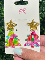 Celebrate the season with hand-painted multicolor Christmas tree dangle earrings, topped with a gold lamé star. Each pair is unique, hypoallergenic, and nickel-free.
