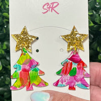 Celebrate the season with hand-painted multicolor Christmas tree dangle earrings, topped with a gold lamé star. Each pair is unique, hypoallergenic, and nickel-free.