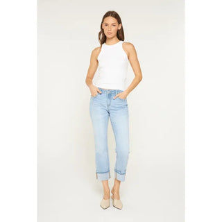 Mid Rise Cuffed Straight Leg Light Wash Jean