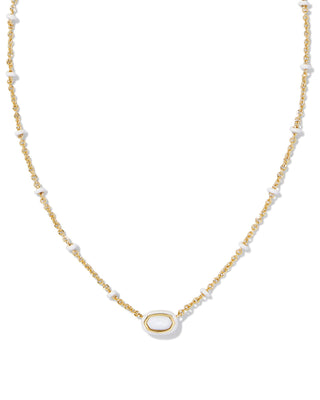 Mini Elisa Gold Enamel Frame Short Pendant Necklace in White Mother of Pearl