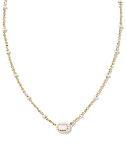 Mini Elisa Gold Enamel Frame Short Pendant Necklace in White Mother of Pearl