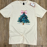 White t-shirt with a Christmas tree design 
Oh Come Let Us Adore Him Tee - Southern Couture Tee