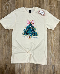 White t-shirt with a Christmas tree design 
Oh Come Let Us Adore Him Tee - Southern Couture Tee
