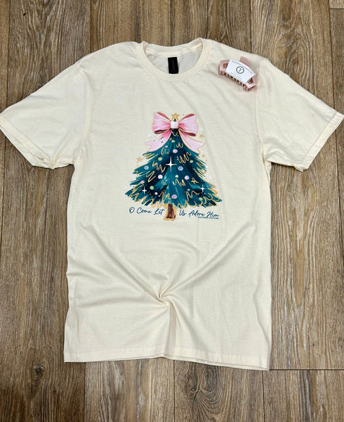 White t-shirt with a Christmas tree design 
Oh Come Let Us Adore Him Tee - Southern Couture Tee