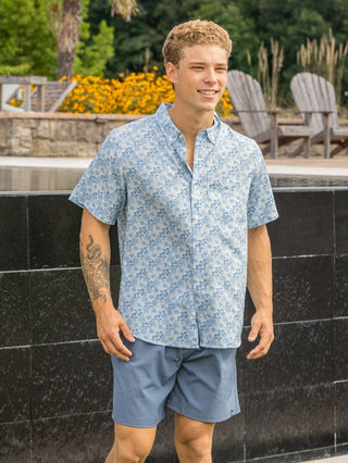 Mens Button Down Shirt - Blue Hawaiian Floral