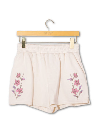 Embroidered Lounge Short - Pearl with Blush Floral Detail