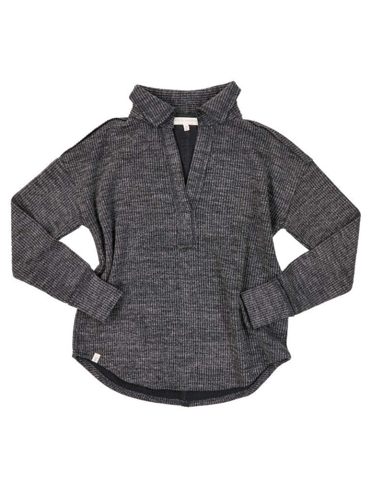 Knit V-Neck Collared Top - Charcoal