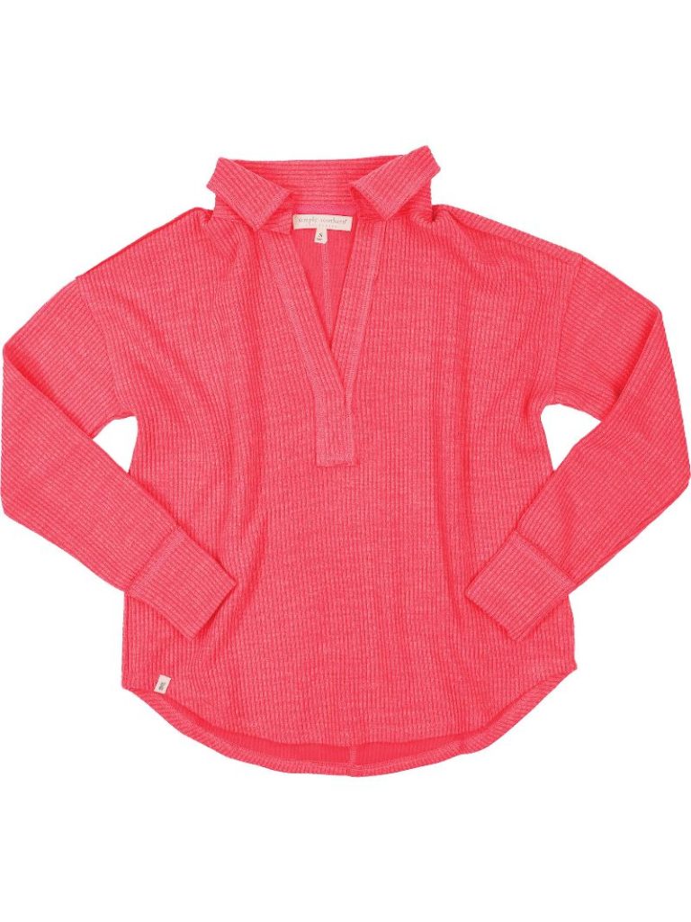 Knit V-Neck Collared Top - Pink