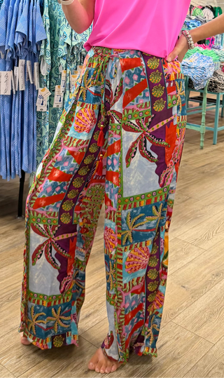 Palazzo Tie Front pants - Island Breeze
multi color/printed island theme palazzo pants
