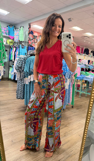 Palazzo Tie Front pants - Island Breeze
multi color/printed island theme palazzo pants