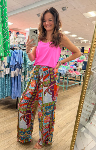 Palazzo Tie Front pants - Island Breeze
multi color/printed island theme palazzo pants