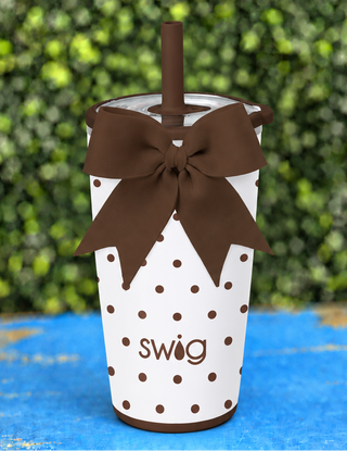 Brand & Style | Swig Party Cup Sipper, Mocha Dots
Capacity | Holds up to 14oz
Design | Pearlescent ivory background with rich brown dot accents
Finishing Touch | Removable fabric bow

