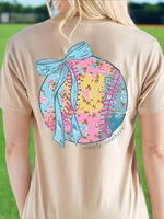 Simply Southern Tee
Baseball/Softball with bow 
patchwork flower detail on the ball 
printed on a tan color tee
