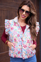 This puffer vest features a gorgeous floral pattern and playful ruffle sleeves, making it the perfect choice for those looking to add a touch of color to their outfit. Don't miss out on this must-have item!
