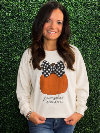 Key Details
Style | Pullover crew neck sweatshirt
Graphic | Pumpkin applique with gingham bow accent and "Pumpkin Season" script detail
Neckline | Classic crew neck
Sleeve | Long sleeve with ribbed cuffs
Fit | Relaxed everyday fit
Palette | Neutral base for easy styling