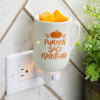 Pumpkin Spice Pluggable Fragrance Warmer shaped like a cozy mug. Perfect for small spaces—flameless, festive scent with rotating plug base and bulb included.