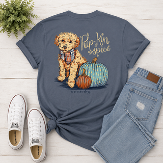 Graphic | Fluffy pup in plaid bandana with pumpkins, vintage-inspired palette
Color | Blue Jean
Neckline | Crew neck
Sleeve | Short sleeve
Fabric | Comfort color, soft and worn-in feel
Brand | Southernology
Care | Machine wash cold, tumble dry low