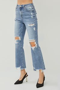 High-Rise Ankle Flare Destressed Jean - Medium