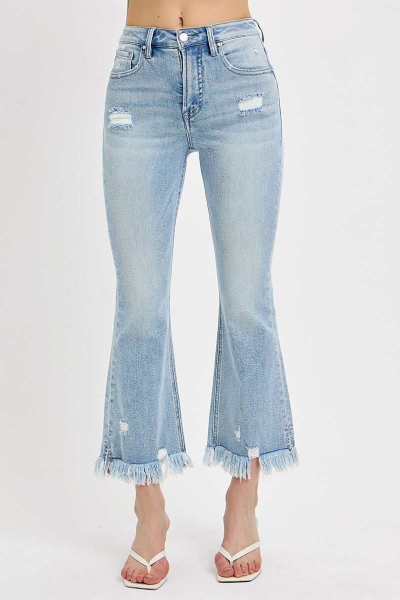 Tummy Control High-Rise Crop Flare Fray Jeans - Light