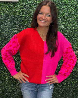 Red & Pink Leopard Color Block Sweater
bright color-block knit sweater with a red left side, a pink right side, and pink leopard-print sleeves
